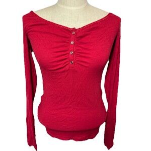 Y2K Guess Red Lace Henley Top Womens L EUC Rhinestone 2000s Shoulder Top